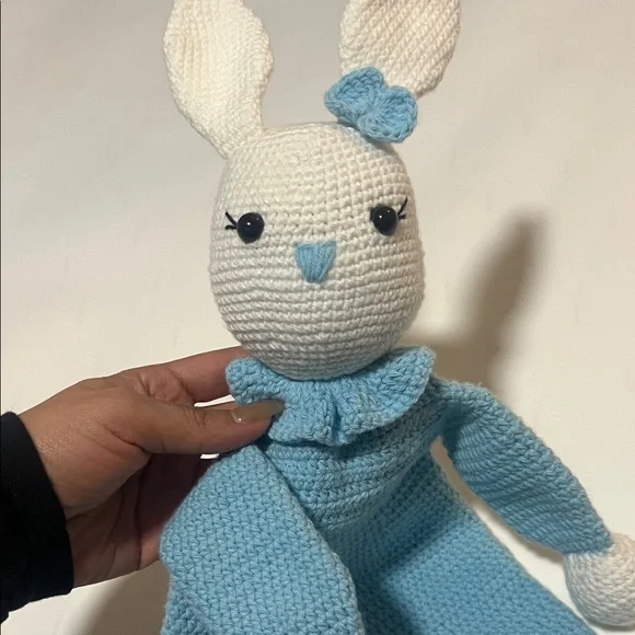 Hand Made Blue and White Knitted Bunny Toy - Picture 5 of 5